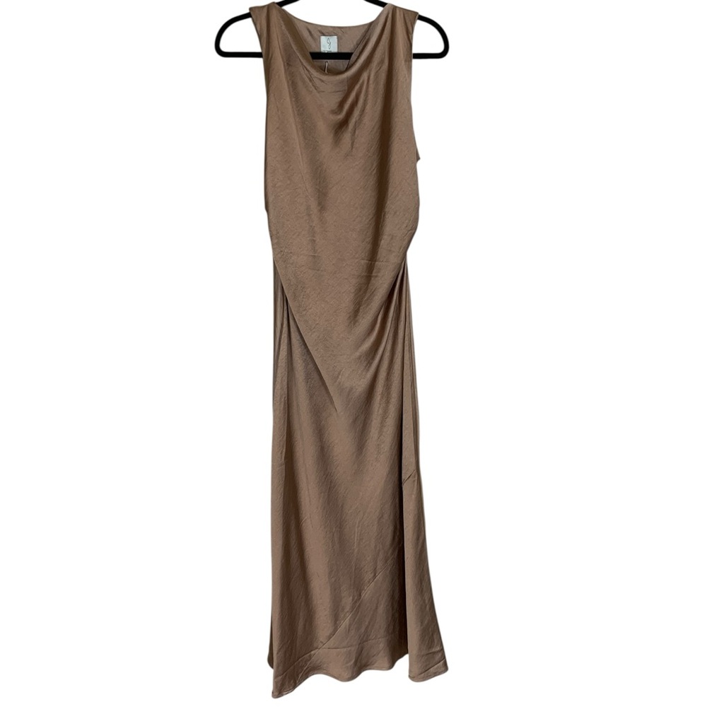 Women's Joie Brown Sleeveless Drape Neck Ruched Sides Long Satin Dress Size XL